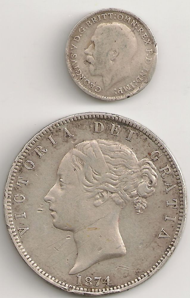 1874-Half-Crown;-1920-3-Pence