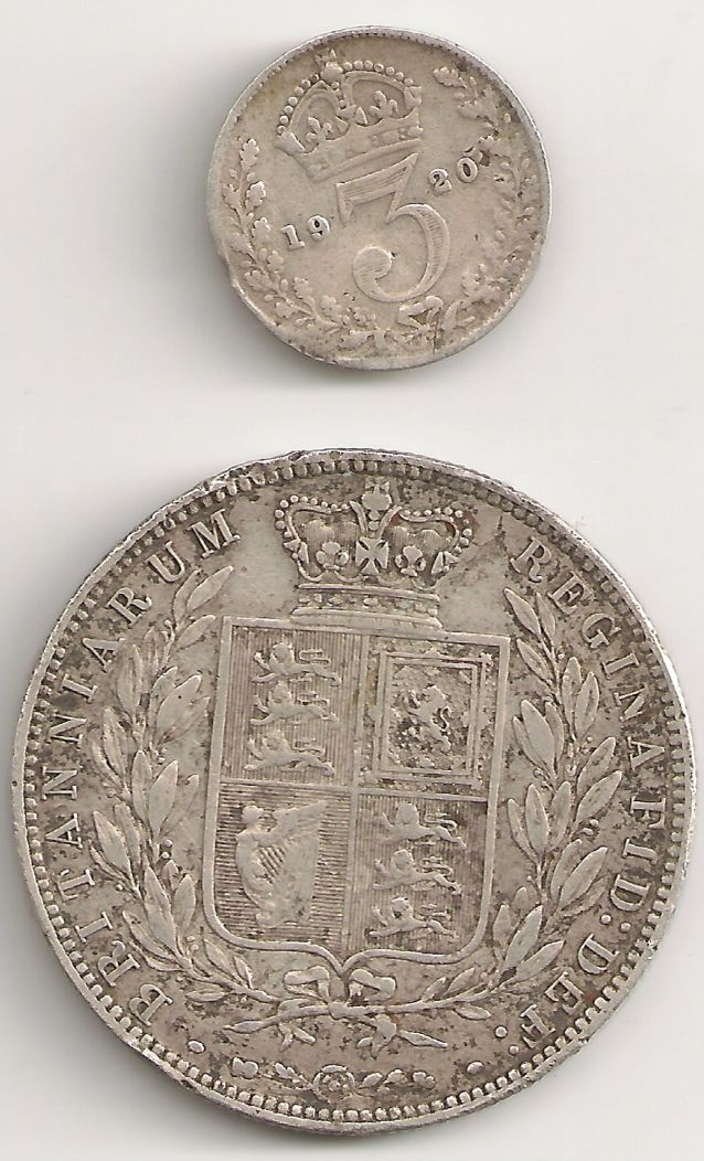 1874-Half-Crown;-1920-3-Pence