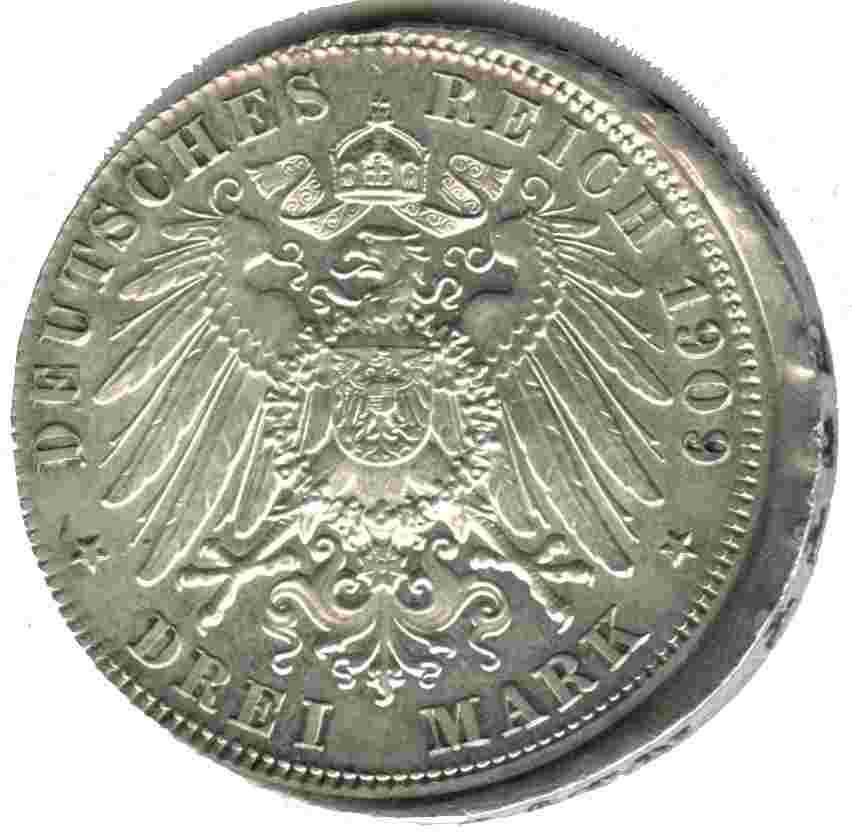 Prussia-1909-Drei-Mark---Off-Center