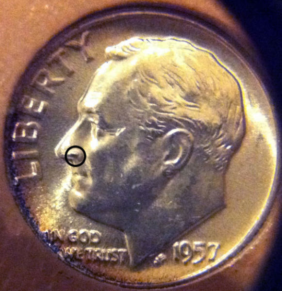 1957-Roosevelt-Dime:-Wart-Nose/Pimple-Nose-Error?
