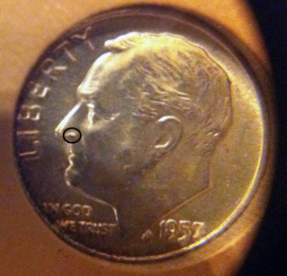 1957-Roosevelt-Dime:-Wart-Nose/Pimple-Nose-Error?