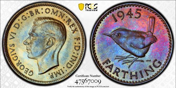 Toned-1945-Great-Britain-Farthing-PCGS-MS-66-BN