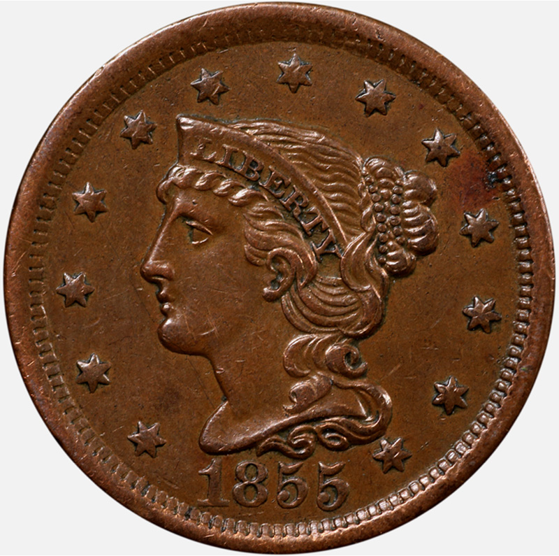 1855-Braided-Hair-Large-Cent---Grading-And-Comments