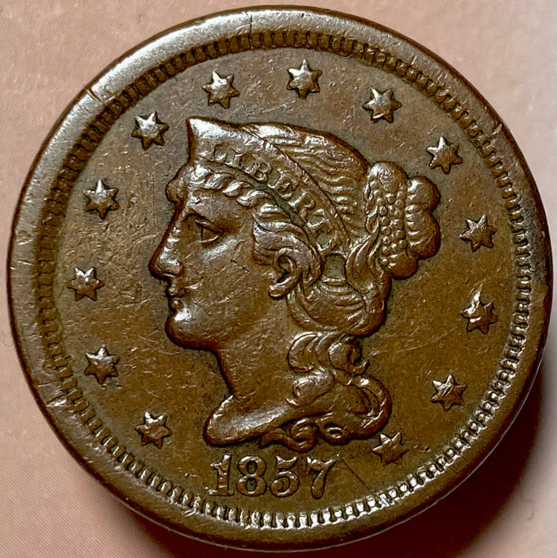 1857-Coronet-Cent-For-Evaluation-And-Grade