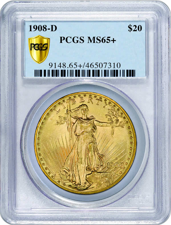 PCGS-Secure-Plus---1908-D-Saint-Gaudens-Double-Eagle-MS-65+