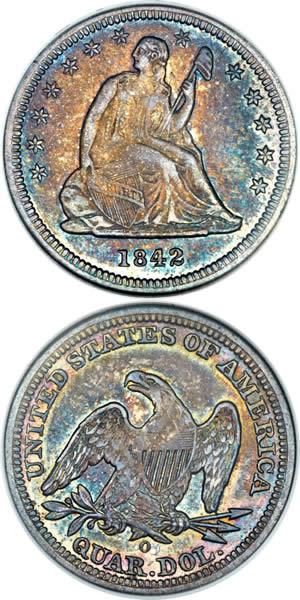 Click to See if There's a Larger Image! Seldom-Seen-Selections:-1842-O-Small-Date-Seated-Quarter