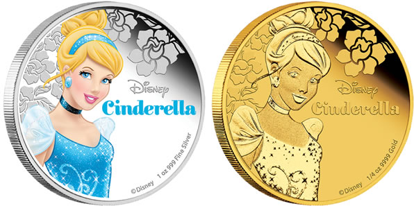 Disney-Princess,-Cinderella---Limited-Edition-1-Oz-Silver-Coin-&-1/4-Oz-Gold-Coin