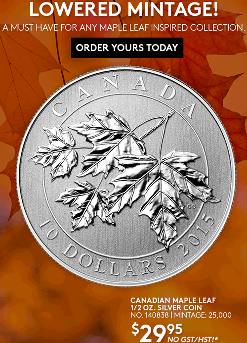 2015-Canadian-Maple-Leaf-1/2-Oz-Silver-Coin-Lowered-Price-/-Mintage