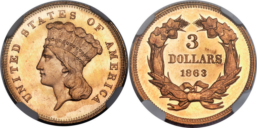 Seldom-Seen-Selections:-Superb,-Semi-Prooflike-1863-Three-Dollar-Gold-Piece