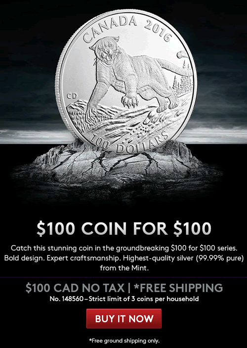 RCM-New-Releases:-$100-For-$100-2016-Fine-Silver-Coin---Cougar