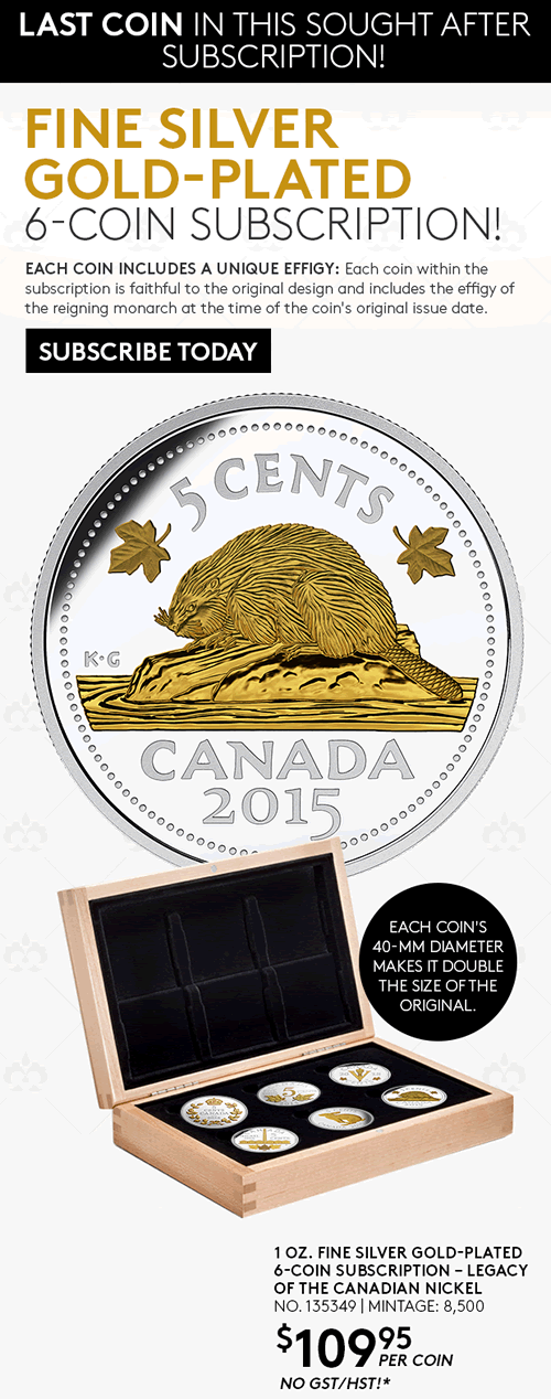 Fine-Silver-Gold-Plated-6-Coin-Subscription-Legacy-Of-The-Canadian-Nickel-Last-Coin!