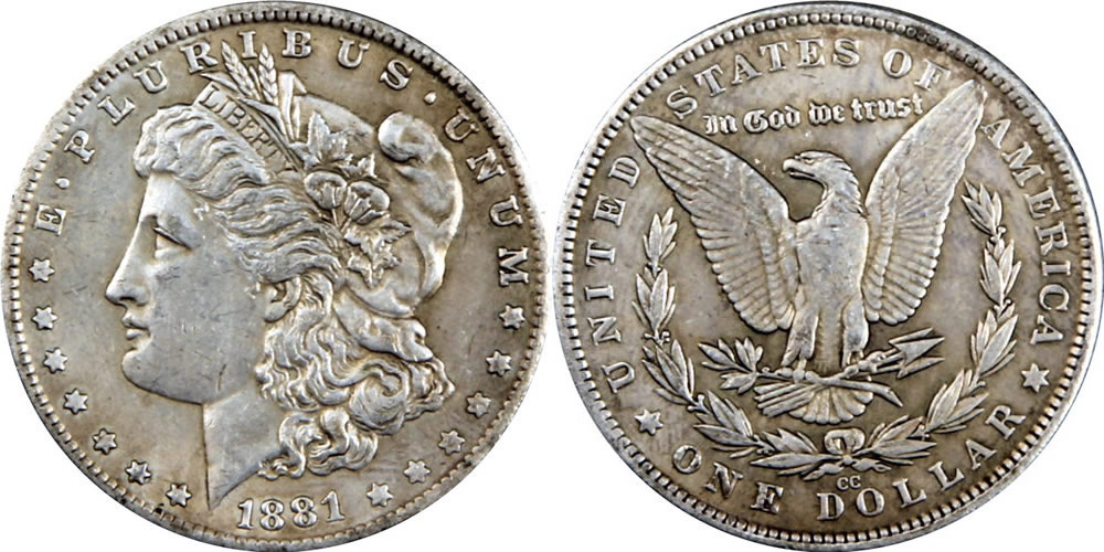 Counterfeit-Morgan-And-Trade-Dollar---1872-S,-1881-CC,-1888-O,-1889-S,-1892-CC