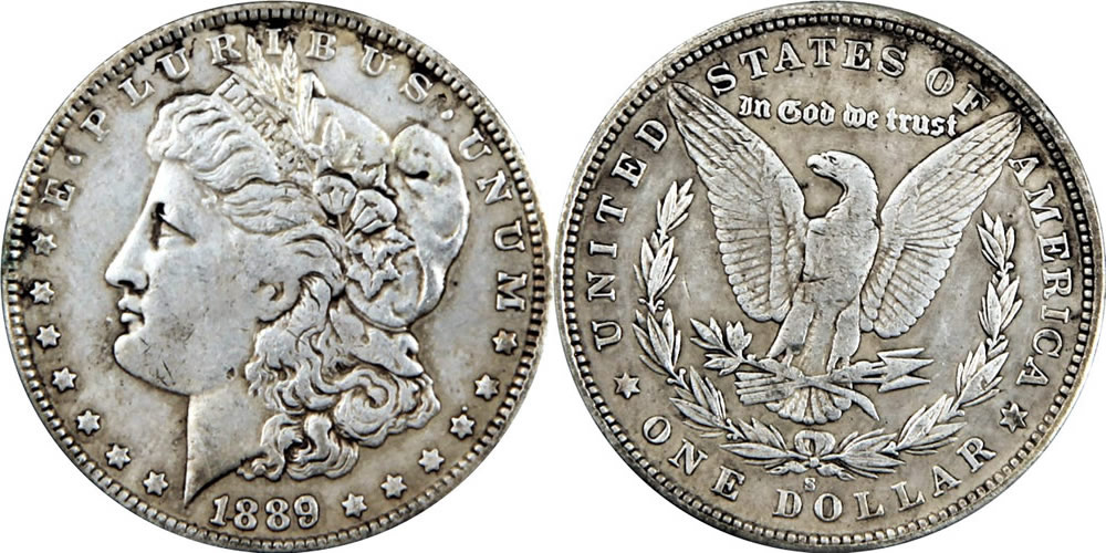 Counterfeit-Morgan-And-Trade-Dollar---1872-S,-1881-CC,-1888-O,-1889-S,-1892-CC