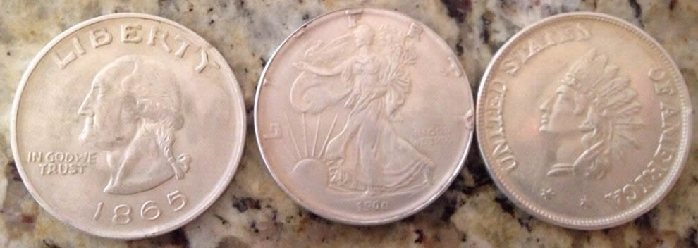 Counterfeit-1879-Trade-Dollar,-1865-Dollar,-Indian-Head