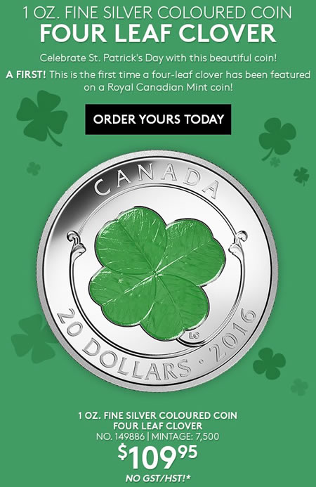 New-RCM-Release:-1-Oz.-Fine-Silver-Coloured-Coin---Four-Leaf-Clover