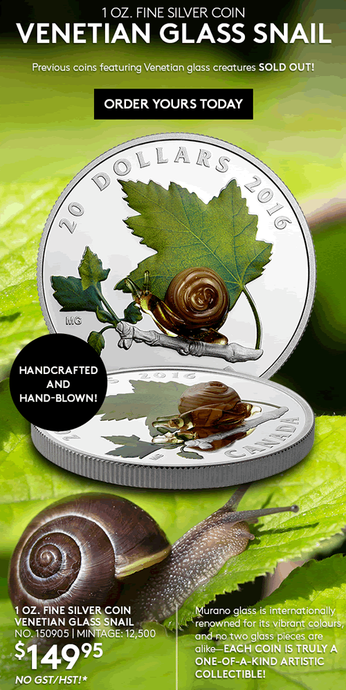 RCM-New-Releases:-1-Oz.-Fine-Silver-Coin,-Venetian-Glass-Snail,-Mintage:-12,500
