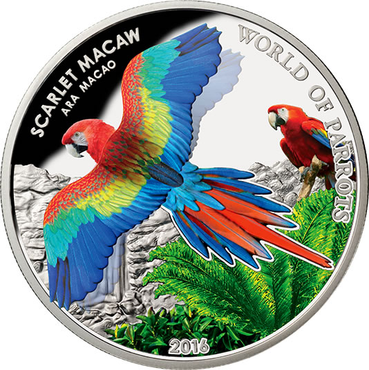 RCM-New-Releases:-2016-$5-Sterling-Silver-3-D-Coin---World-Of-Parrots:-Scarlet-Macaw