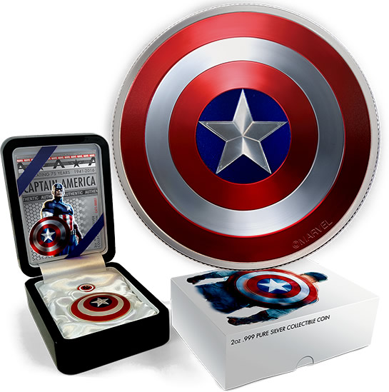RCM-New-Release:-Fiji-2016-Captain-America's-Shield-�-2-Oz.-Pure-Silver-Coloured-Coin