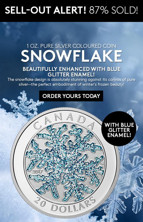 RCM-Sellout-Alert:-2017-1-Oz.-Pure-Silver-Coloured-Coin-�-Snowflake-87%-Sold