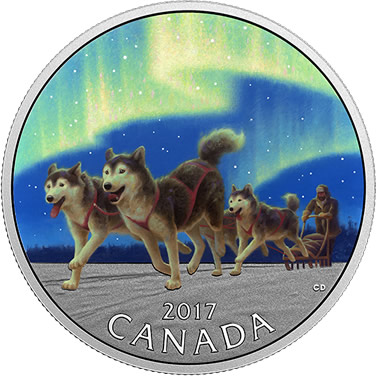 RCM-New-Releases:-2017-1/2-Oz.-Pure-Silver-Coloured-Coin-�-Dog-Sledding-Under-The-Northern-Lights