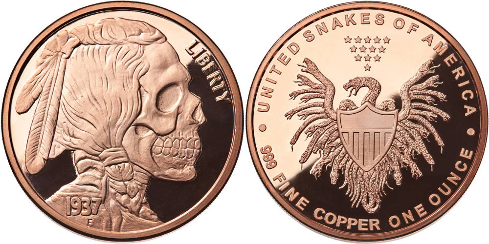 Jmb-New-Release:-1-Oz-Indian-Skull-Copper-Round,-United-Snakes-Of-America-Series-#1