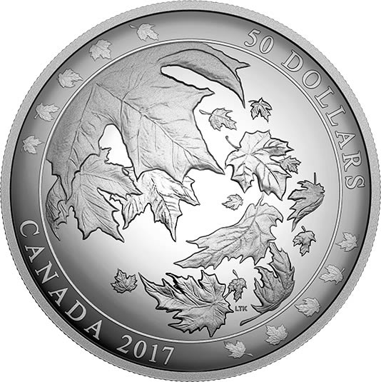 RCM-New-Release:-2017-5-Oz.-Pure-Silver-Convex-Coin---Maple-Leaves-In-Motion