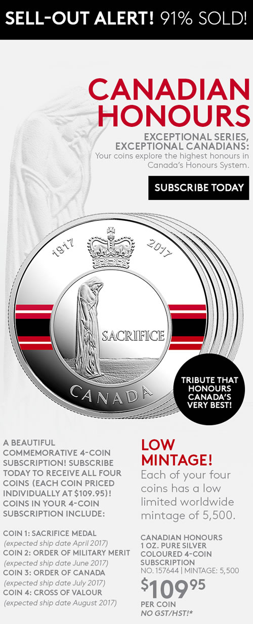 RCM-Sellout-Alert:-91%-Sold!-Canadian-Honours---1-Oz.-Pure-Silver-Coloured-4-Coin-Subscription