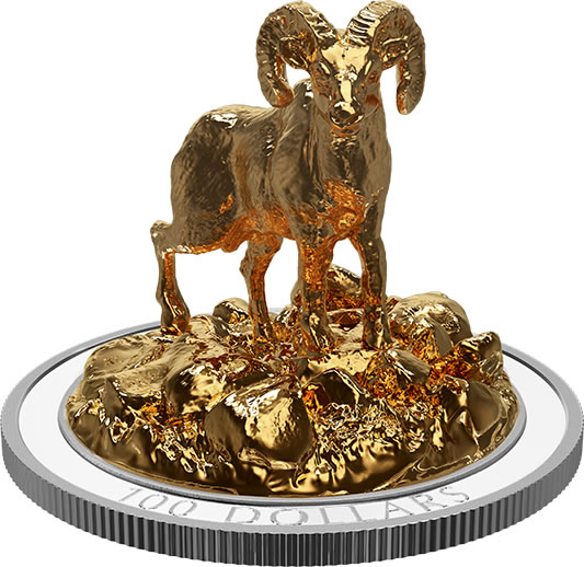 RCM-New-Release:-10-Oz-Pure-Silver-Gold-Plated-Sculpture-Of-Majestic-Canadian-Animals:-Bighorn-Sheep