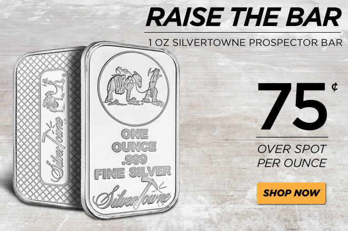 Golden-Eagle-Coin-Sale:-Silvertowne-1-Oz-Silver-Bar---Prospector-Design-75�-Over-Spot