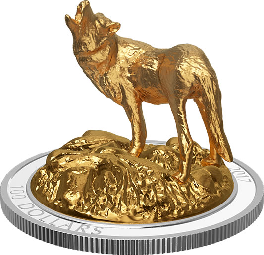 RCM-New-Release:-2017-10-Oz.-Silver-Gold-Plated-Coin---Sculpture-Of-Majestic-Canadian-Animals:-Wolf
