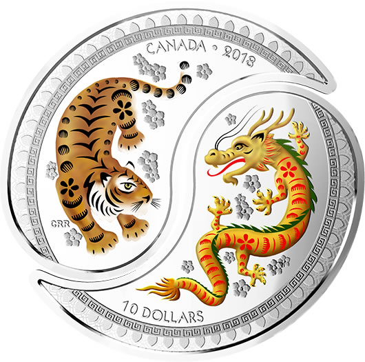 RCM-New-Release:-2018-1-Oz.-Pure-Silver-Coloured-Coins---Yin-And-Yang:-Tiger-And-Dragon