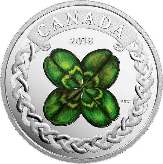 RCM-New-Release:-2018-Lucky-Four-Leaf-Clover---1-Oz.-Pure-Silver-Coloured-Coin