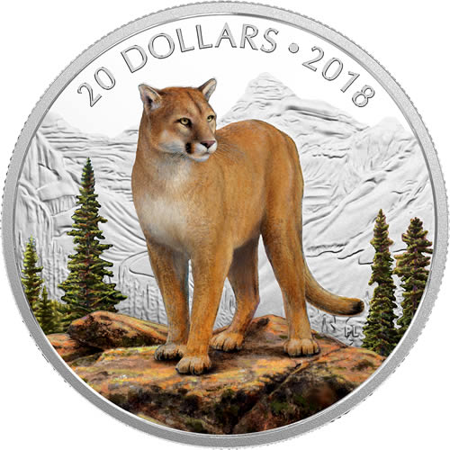 RCM-New-Release:--2018-1-Oz.-Pure-Silver-Coloured-Coin---Majestic-Wildlife:-Courageous-Cougar