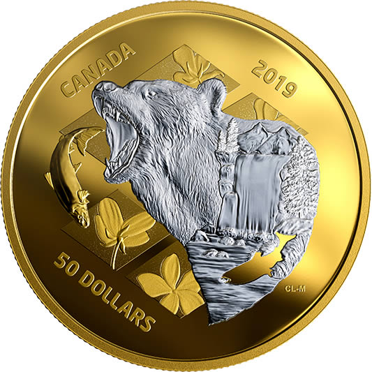 RCM-New-Release:-2019-5-Oz.-Pure-Silver-Gold-Plated-Coin---Inner-Nature:-Grizzly-Bear