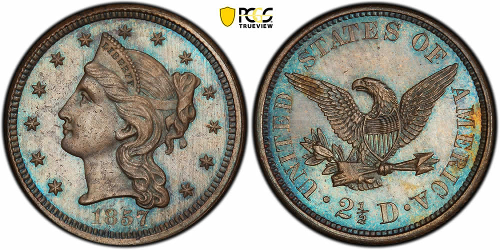 Toned-1857-2.50-Pattern-PCGS-PR-65BN