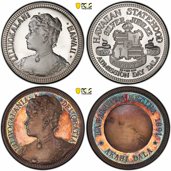 Hawaii's-25th-Year-PCGS-PR-69DCAM-/-PCGS-PR-65CAM+-Reginald-Huth-Queen-Liliuokalani-Dala-Medal