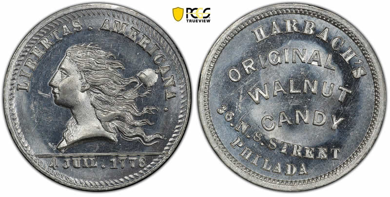 PCGS-MS-64-1876-Pa-Ph-930-White-Metal-Harbach's-Original-Walnut-Candy-Token