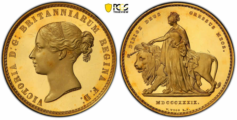 PCGS-PR-64-DCAM-Great-Britain-1839-Five-Pounds-Wr-279-Una-And-The-Lion-Le