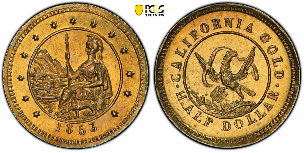 PCGS-MS-64-Graded-1853-Half-Dollar-Bg-435-Arms-Of-California