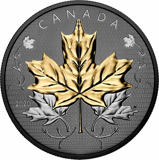 RCM-New-Release:-2020-5-Oz.-Pure-Silver-Coin-With-Rodium---Maple-Leaves-In-Motion