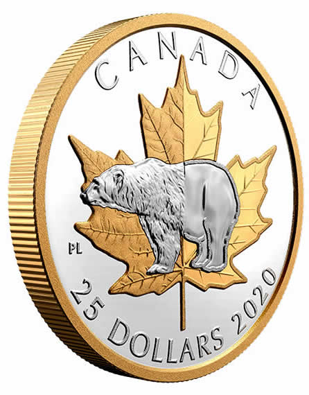 RCM-New-Release:-2020-1-Oz.-Pure-Silver-Gold-Plated-Piedfort-Timeless-Icons:-Polar-Bear