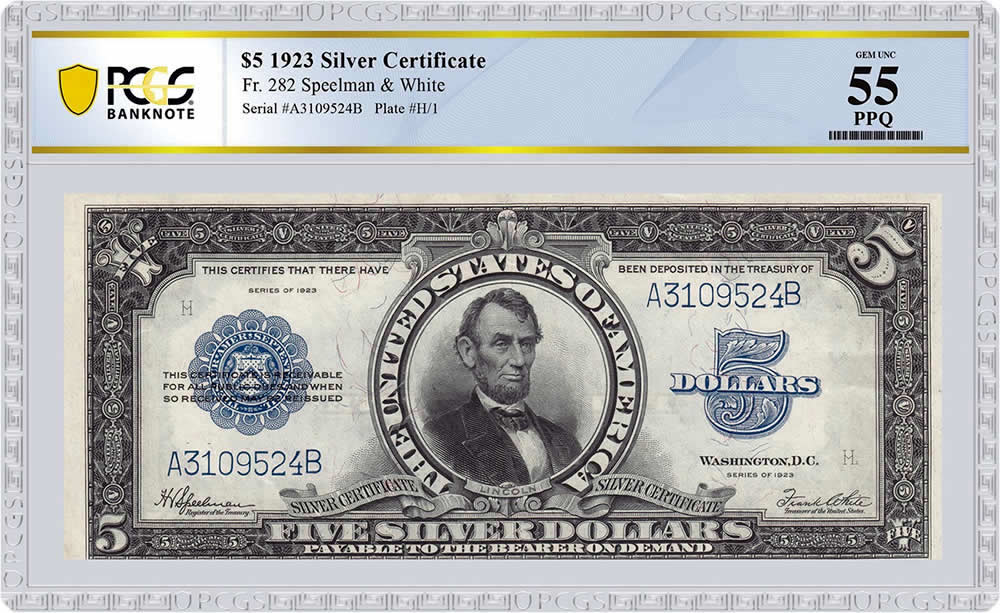 Notable-Notes:-1923-Lincoln-Porthole-$5-Silver-Certificate-PCGS-55PPQ