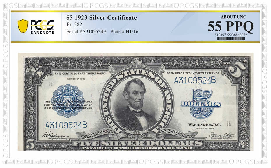 Notable-Notes:-1923-Lincoln-Porthole-$5-Silver-Certificate-PCGS-55PPQ