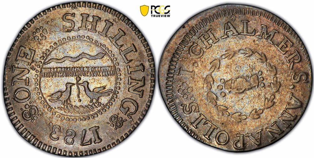 1783-John-Chalmers,-Long-Worm-Shilling-PCGS-AU-58