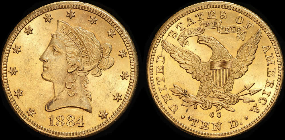 1884 CC Liberty Head (With Motto) Eagle 1884-CC Gold Eagle PCGS MS62+ 1884 CC Liberty Head (With Motto) Eagle 1884-CC Gold Eagle PCGS MS62+