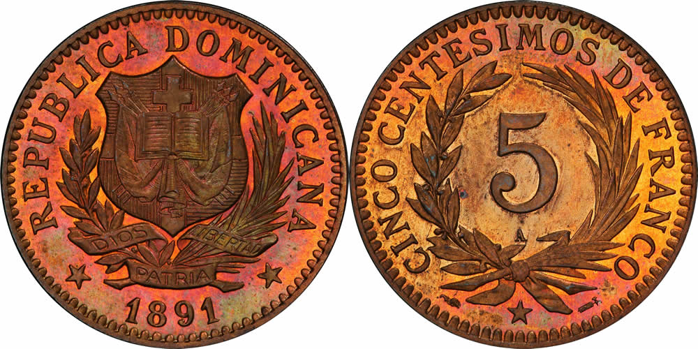 Toner-Tuesday:-1891-Proof-5-Centesimos,-Certified-PR-65-Red-&-Brown-By-PCGS