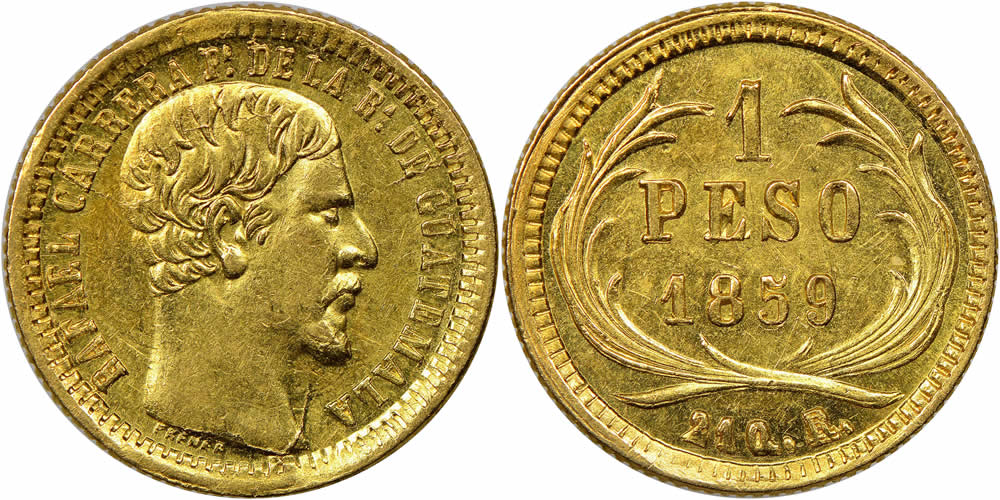 1859-Guatemala-Gold-1-Peso-Fetauring-First-President-José-Rafael-Carrera-Turcios