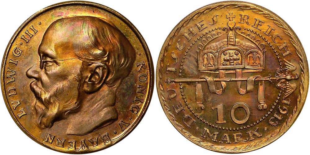 Daily-Coin:-German-States-1913-Copper-10-Mark-Pattern-Depicting-King-Ludwig-III