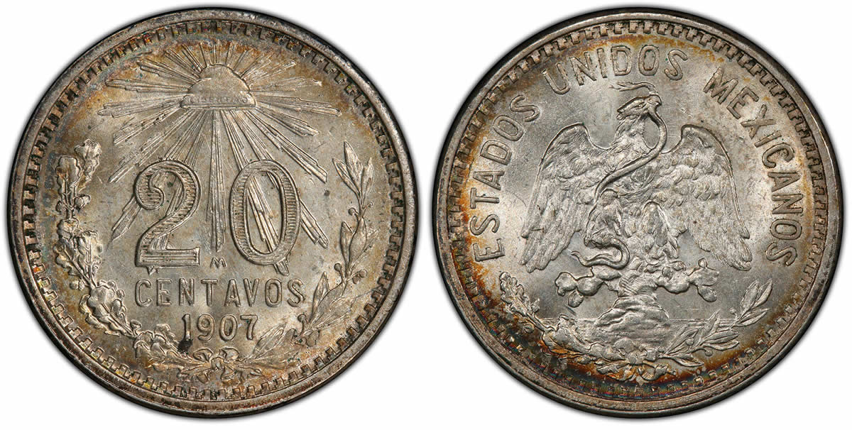 The-Mexico-Coin-Struck-At-The-New-Orleans-Mint:-1907-M-Curved-7-20-Centavos-PCGS-MS-64