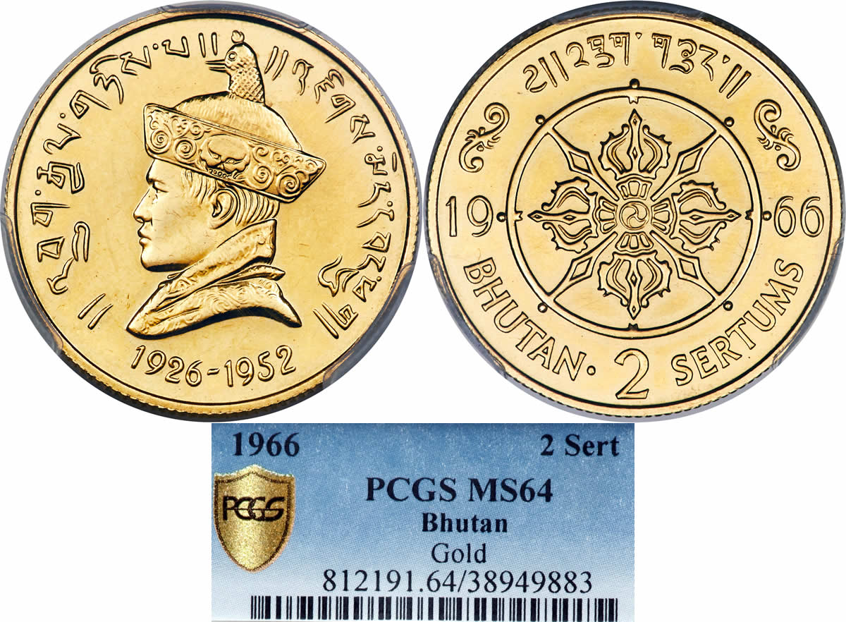 Country-Of-The-Day:-Bhutan,-1966-Gold-40th-Anniversary-Of-Accession-2-Sertums-PCGS-MS-64